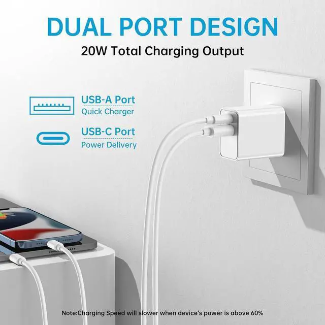 Alt view image 3 of 7 - USB C Wall Charger Block 20W, Dual Port USB-C Plug-in 20W PD & QC3.0 A Fast Charging for iPhone 14/13/12/11 /Pro Max, iPad Pro, AirPods Samsung Android Phones and More