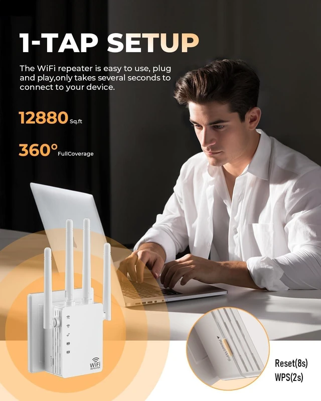 Alt view image 2 of 7 - 4 Antennas WiFi Extender,Covers 12880 Sq.ft,High-Performance 2-Port Booster