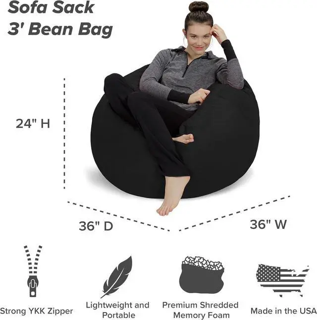 Alt view image 3 of 4 - Sofa Sack Bean Bag Chair - Plush, Ultra Soft - Memory Foam Bean Bag Chair with Microsuede Cover - Stuffed Foam Filled Furniture and Accessories for Dorm Room 3 Feet - Black