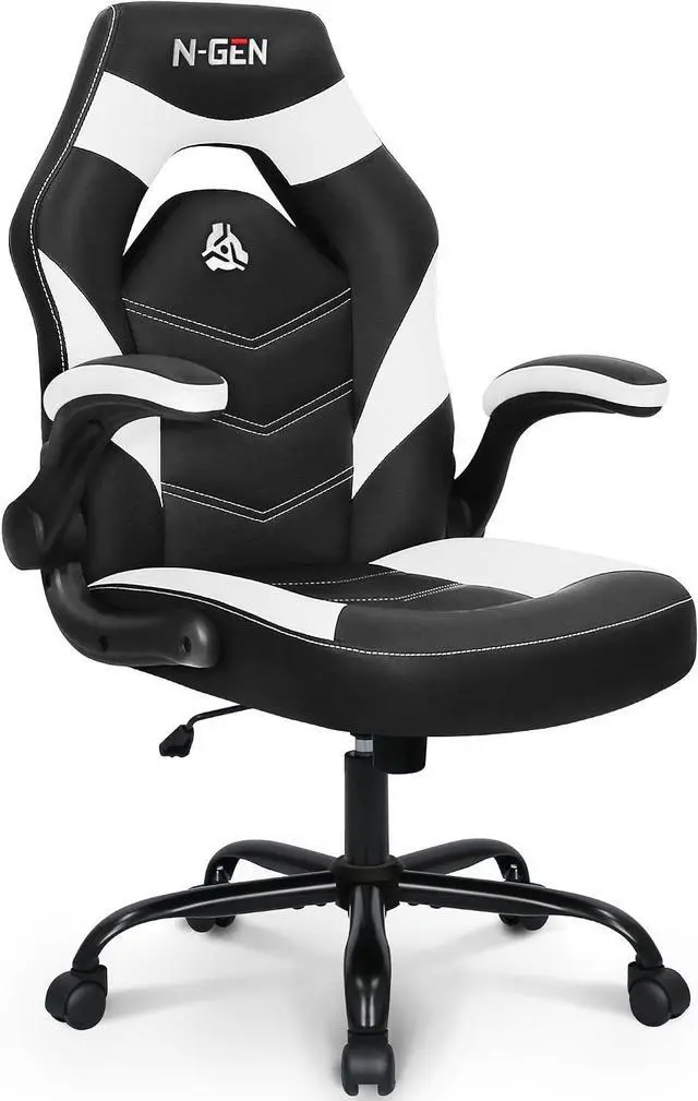Main image of N-GEN Gaming Gaming Chair, Lumbar, PU Leather, Flip-Up Arms, White | Ergonomic High-Back Design, Adjustable Height with 360° Swivel Wheels, Comfortable Computer Desk Seating for Office and Home