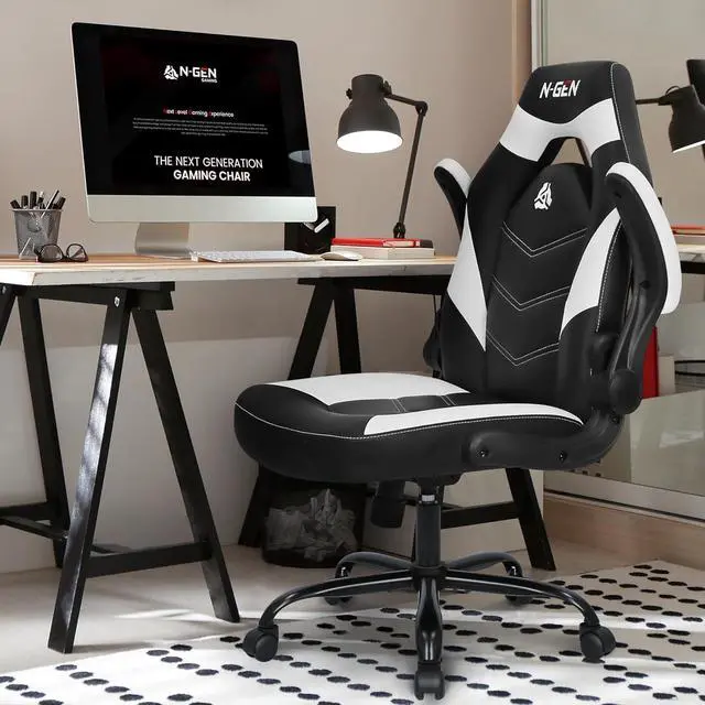 Alt view image 2 of 7 - N-GEN Gaming Gaming Chair, Lumbar, PU Leather, Flip-Up Arms, White | Ergonomic High-Back Design, Adjustable Height with 360° Swivel Wheels, Comfortable Computer Desk Seating for Office and Home