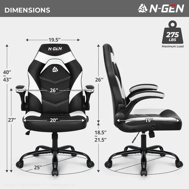 Alt view image 3 of 7 - N-GEN Gaming Gaming Chair, Lumbar, PU Leather, Flip-Up Arms, White | Ergonomic High-Back Design, Adjustable Height with 360° Swivel Wheels, Comfortable Computer Desk Seating for Office and Home