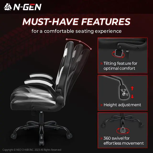 Alt view image 7 of 7 - N-GEN Gaming Gaming Chair, Lumbar, PU Leather, Flip-Up Arms, White | Ergonomic High-Back Design, Adjustable Height with 360° Swivel Wheels, Comfortable Computer Desk Seating for Office and Home