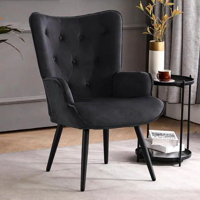 Main image of Furniliving Velvet Accent Chair Modern Upholstered Side Armchair with Tapered Legs Tufted Button Wingback Sofa Chairs Tall Back Reading for Living Room Bedroom Waiting Room, Black