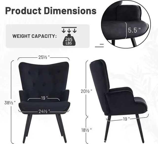 Alt view image 2 of 7 - Furniliving Velvet Accent Chair Modern Upholstered Side Armchair with Tapered Legs Tufted Button Wingback Sofa Chairs Tall Back Reading for Living Room Bedroom Waiting Room, Black