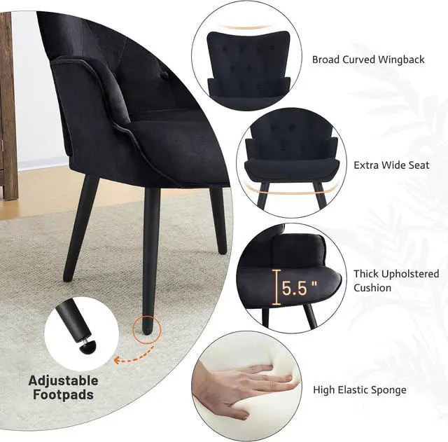 Alt view image 4 of 7 - Furniliving Velvet Accent Chair Modern Upholstered Side Armchair with Tapered Legs Tufted Button Wingback Sofa Chairs Tall Back Reading for Living Room Bedroom Waiting Room, Black