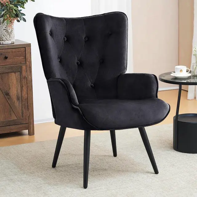 Alt view image 7 of 7 - Furniliving Velvet Accent Chair Modern Upholstered Side Armchair with Tapered Legs Tufted Button Wingback Sofa Chairs Tall Back Reading for Living Room Bedroom Waiting Room, Black