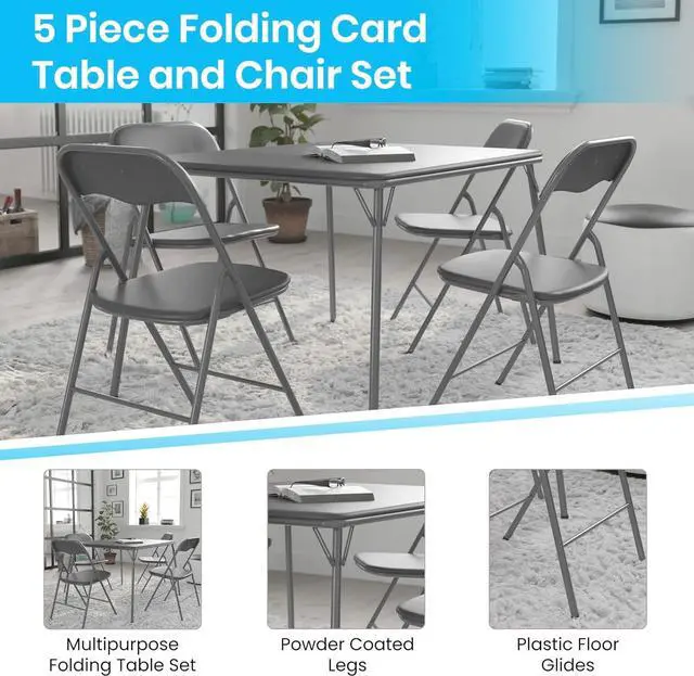 Alt view image 3 of 7 - Flash Furniture Madison 5-Piece Folding Card Table and Chair Set, Gray | Portable, Indoor/Outdoor, Event Table and Chairs