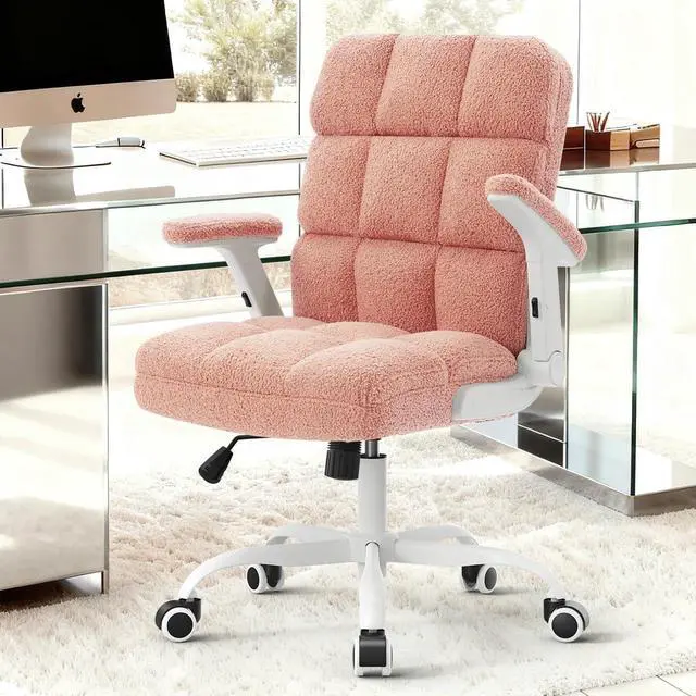 Alt view image 2 of 7 - SEATZONE Pink Office Chair Ergonomic Computer Desk Chair with Wheels,Faux Fur Comfy Office Chair for Women and Girls,Teddy Fleece Material