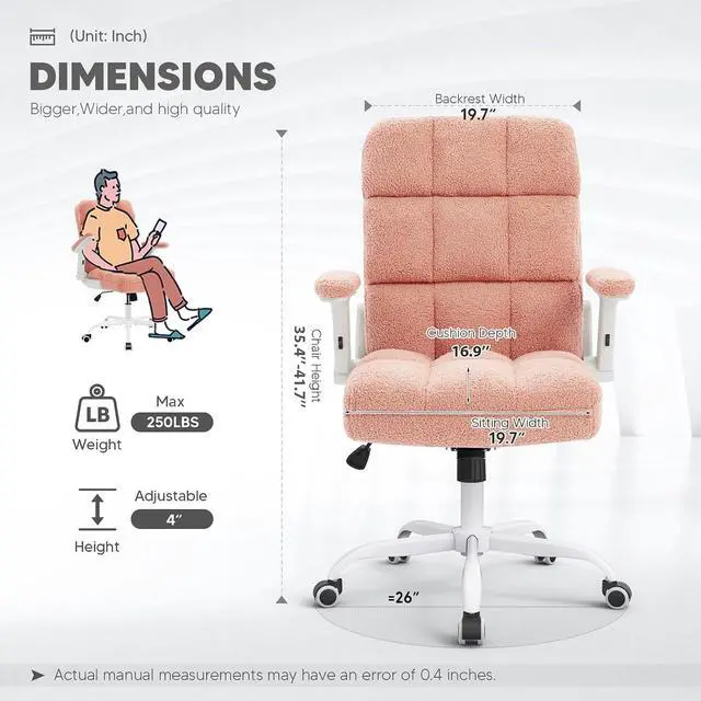 Alt view image 3 of 7 - SEATZONE Pink Office Chair Ergonomic Computer Desk Chair with Wheels,Faux Fur Comfy Office Chair for Women and Girls,Teddy Fleece Material