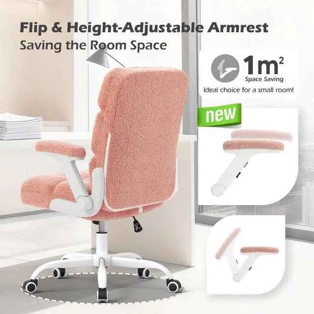 Alt view image 6 of 7 - SEATZONE Pink Office Chair Ergonomic Computer Desk Chair with Wheels,Faux Fur Comfy Office Chair for Women and Girls,Teddy Fleece Material