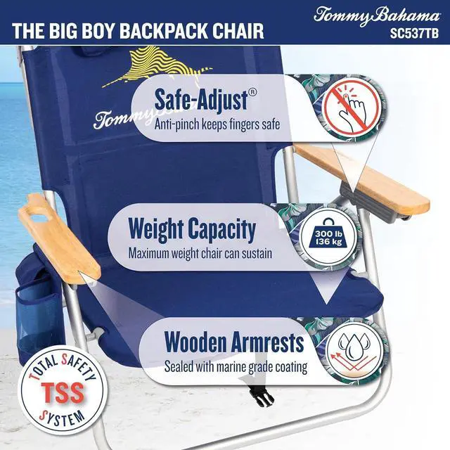 Alt view image 4 of 7 - Tommy Bahama Wide Seat Big Boy 4-Position Folding 13" High Seat Backpack Beach or Camping Chair, Navy