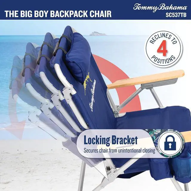 Alt view image 5 of 7 - Tommy Bahama Wide Seat Big Boy 4-Position Folding 13" High Seat Backpack Beach or Camping Chair, Navy