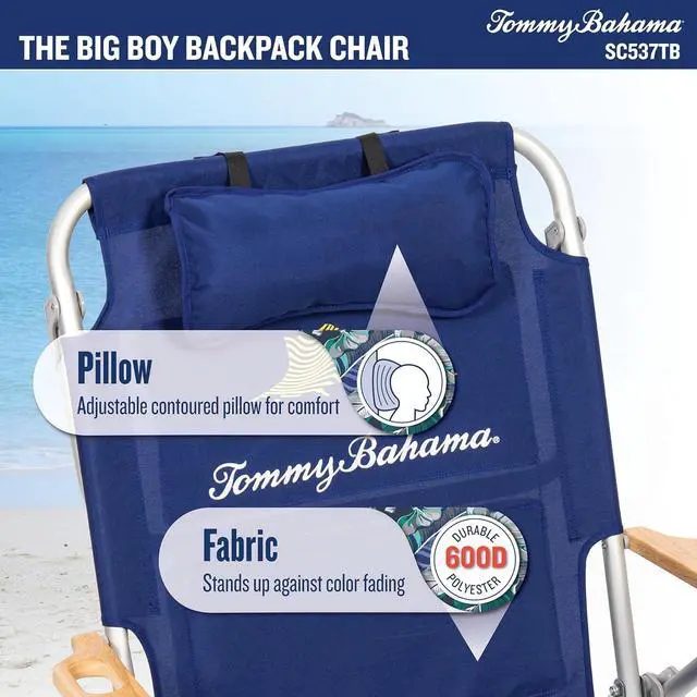 Alt view image 6 of 7 - Tommy Bahama Wide Seat Big Boy 4-Position Folding 13" High Seat Backpack Beach or Camping Chair, Navy