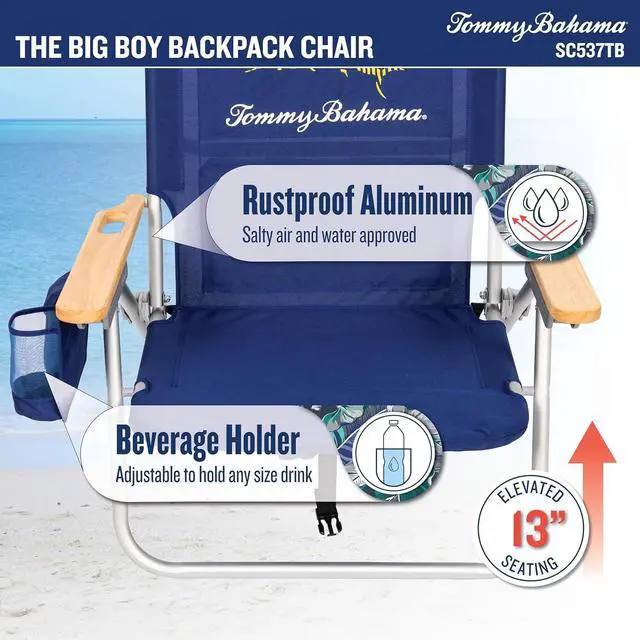 Alt view image 7 of 7 - Tommy Bahama Wide Seat Big Boy 4-Position Folding 13" High Seat Backpack Beach or Camping Chair, Navy