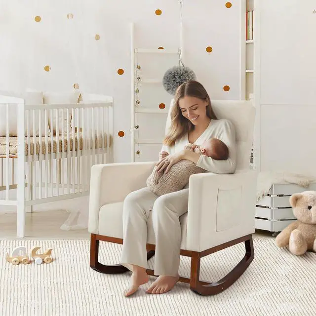 Alt view image 3 of 7 - Yaheetech 28in Wide Padded High Back Nursery Rocking Chair, Beige Polyester