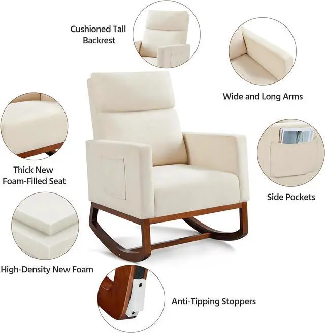 Alt view image 6 of 7 - Yaheetech 28in Wide Padded High Back Nursery Rocking Chair, Beige Polyester