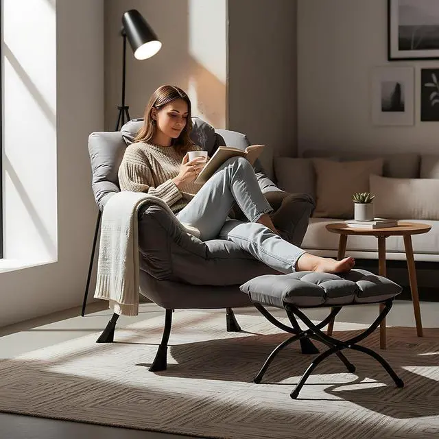 Alt view image 2 of 7 - Welnow Lazy Chair with Ottoman, Reading Chair with Footrest,Dark Grey