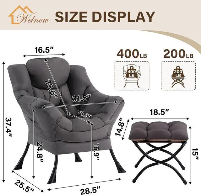 Alt view image 3 of 7 - Welnow Lazy Chair with Ottoman, Reading Chair with Footrest,Dark Grey