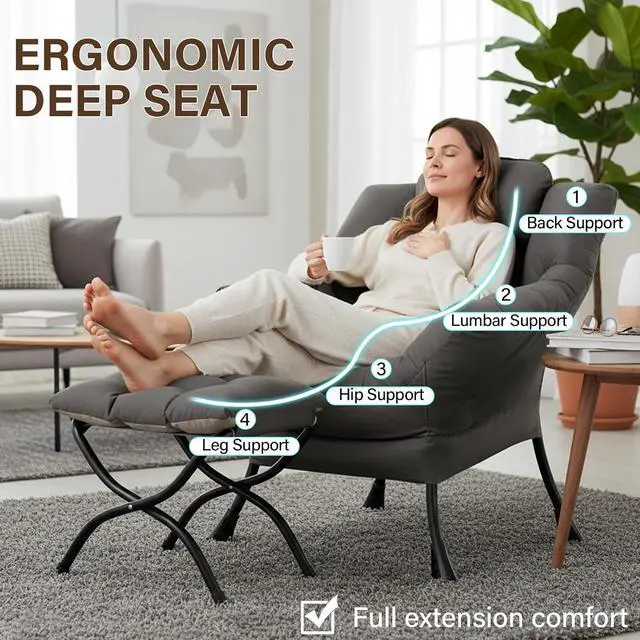 Alt view image 5 of 7 - Welnow Lazy Chair with Ottoman, Reading Chair with Footrest,Dark Grey