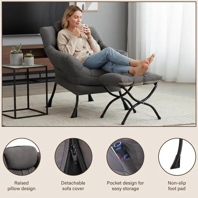 Alt view image 4 of 7 - Welnow Lazy Chair with Ottoman, Reading Chair with Footrest,Dark Grey