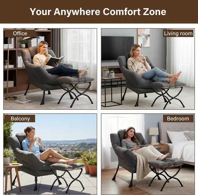 Alt view image 7 of 7 - Welnow Lazy Chair with Ottoman, Reading Chair with Footrest,Dark Grey