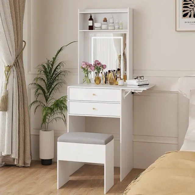 Alt view image 7 of 7 - ARTETHYS Small Vanity Desk with Mirror & Foldable Side Panel, White