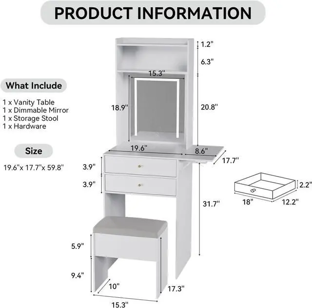 Alt view image 5 of 7 - ARTETHYS Small Vanity Desk with Mirror & Foldable Side Panel, White