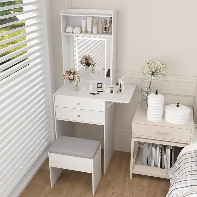 Alt view image 4 of 7 - ARTETHYS Small Vanity Desk with Mirror & Foldable Side Panel, White