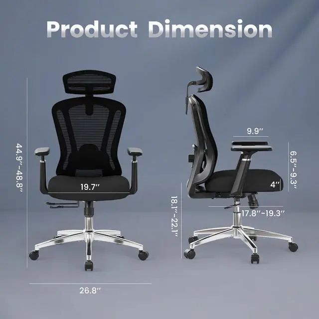 Alt view image 2 of 7 - Farini Office Chair Ergonomic Desk Chair, High Back Computer Chair with Wheels, Home Sutdy Chair for Heavy People, Office Chair Adjustable Seat Depth, 3D Armrests and Adjustable Headrest, Black