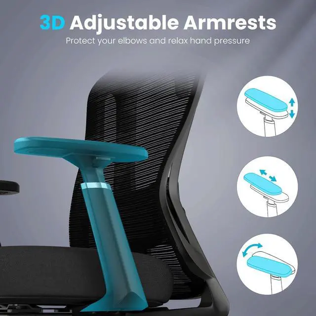 Alt view image 6 of 7 - Farini Office Chair Ergonomic Desk Chair, High Back Computer Chair with Wheels, Home Sutdy Chair for Heavy People, Office Chair Adjustable Seat Depth, 3D Armrests and Adjustable Headrest, Black