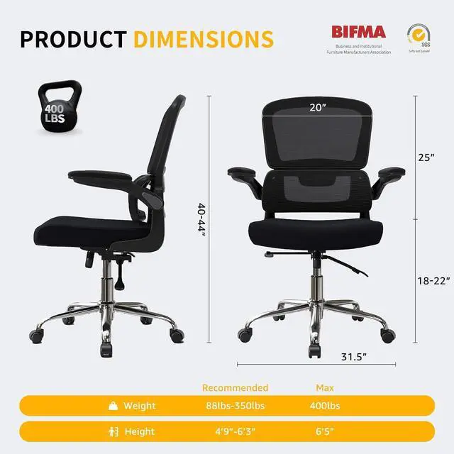 Alt view image 3 of 7 - Logicfox Ergonomic Office Chair, Mesh Desk Chair with Flip-Up Arms for Home
