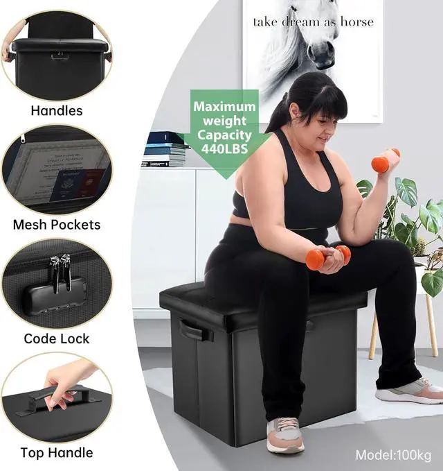 Alt view image 6 of 7 - DocSafe Storage Ottoman with Lock,Fireproof Folding Ottoman Foot Rest Stool Storage Chest with Storage Safe for Important Documents,Waterproof 17 Inches Short Ottoman Foot Stool with Handles,Black
