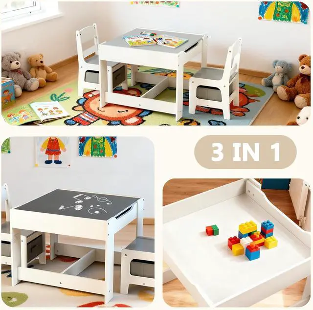 Alt view image 2 of 7 - Kinder King Kids Wood Table & 2 Chairs Set, Blackboard, Grey