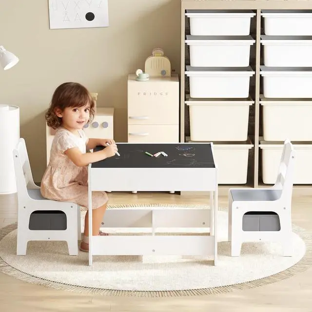 Alt view image 3 of 7 - Kinder King Kids Wood Table & 2 Chairs Set, Blackboard, Grey
