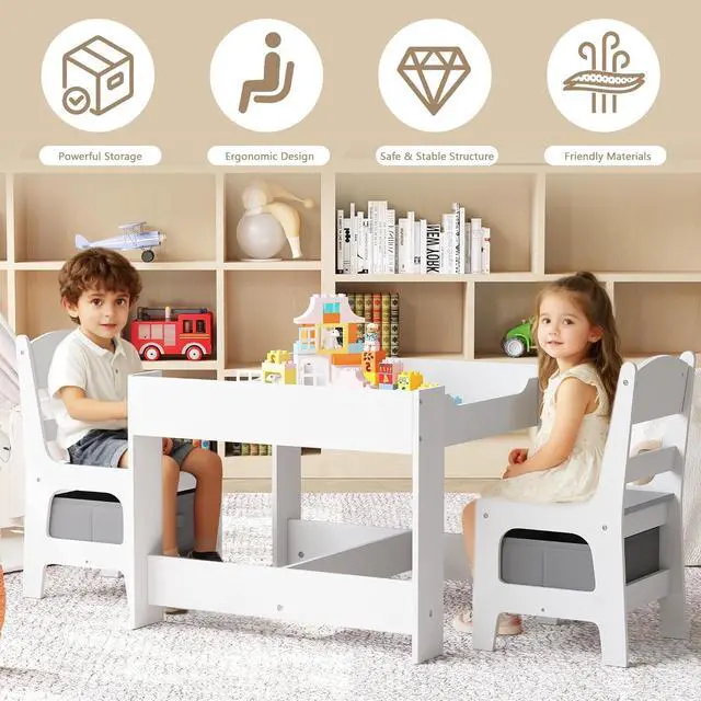 Alt view image 4 of 7 - Kinder King Kids Wood Table & 2 Chairs Set, Blackboard, Grey