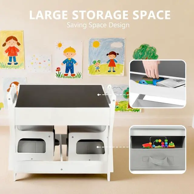 Alt view image 7 of 7 - Kinder King Kids Wood Table & 2 Chairs Set, Blackboard, Grey