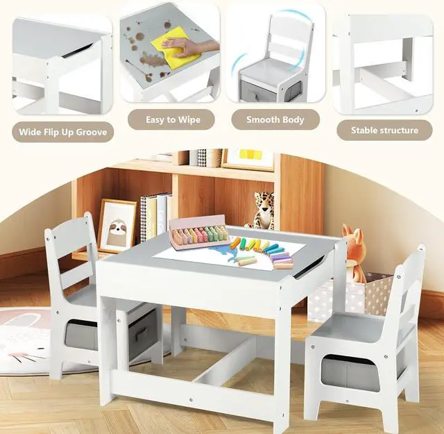Alt view image 6 of 7 - Kinder King Kids Wood Table & 2 Chairs Set, Blackboard, Grey