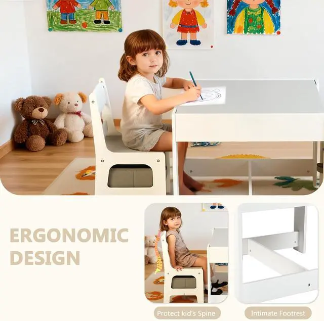 Alt view image 5 of 7 - Kinder King Kids Wood Table & 2 Chairs Set, Blackboard, Grey