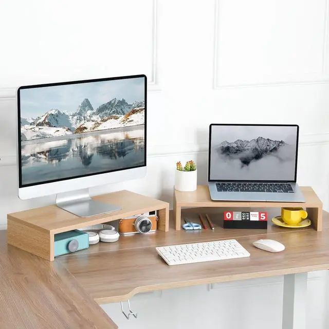 Alt view image 2 of 7 - TEAMIX 2-Pack Monitor Stand Riser 20 inch, Wood Desk Computer Shelf, Maple | For 2 Monitors, Laptop, Printer, TV, PC, Keyboard Storage, Space-Saving, Ergonomic, Organizer for Home Office Gaming Vanity