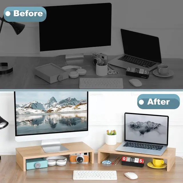 Alt view image 7 of 7 - TEAMIX 2-Pack Monitor Stand Riser 20 inch, Wood Desk Computer Shelf, Maple | For 2 Monitors, Laptop, Printer, TV, PC, Keyboard Storage, Space-Saving, Ergonomic, Organizer for Home Office Gaming Vanity