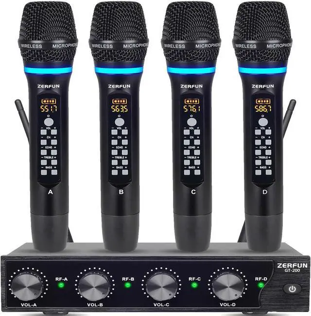 Main image of 4 Channel Rechargeable Wireless Microphone System, Pro UHF Metal Handheld Wireless Microphones Cordless Mics with Echo Treble BASS VOL Channel Control for Karaoke Singing Church(GT-200)