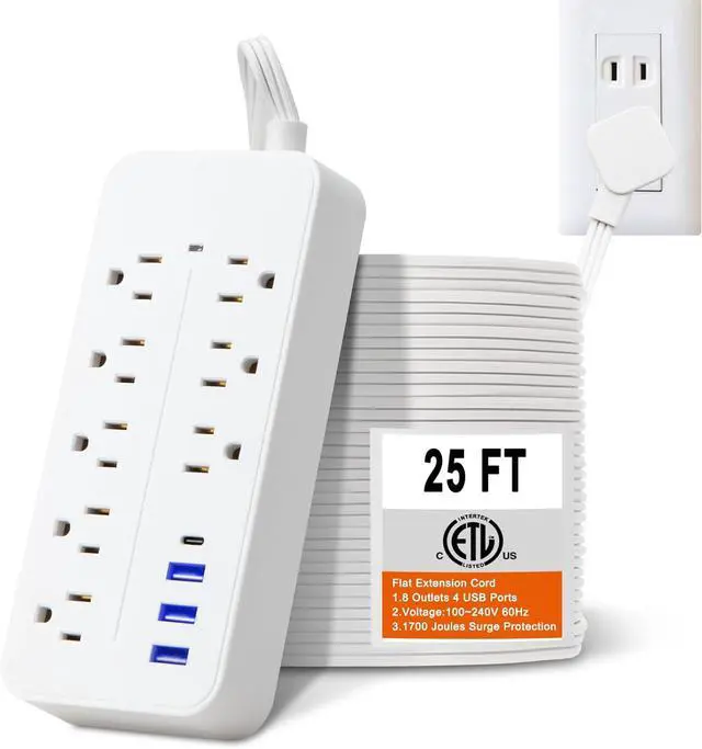 Main image of Flat Extension Cord 25 ft, Extra Long Cord Surge Protector Power Bar with 8 Outlets 4 USB Ports, Under Carpet, Multiple Outlets Protection for Indoor, Home, Office, Dorm Room Essentials, White