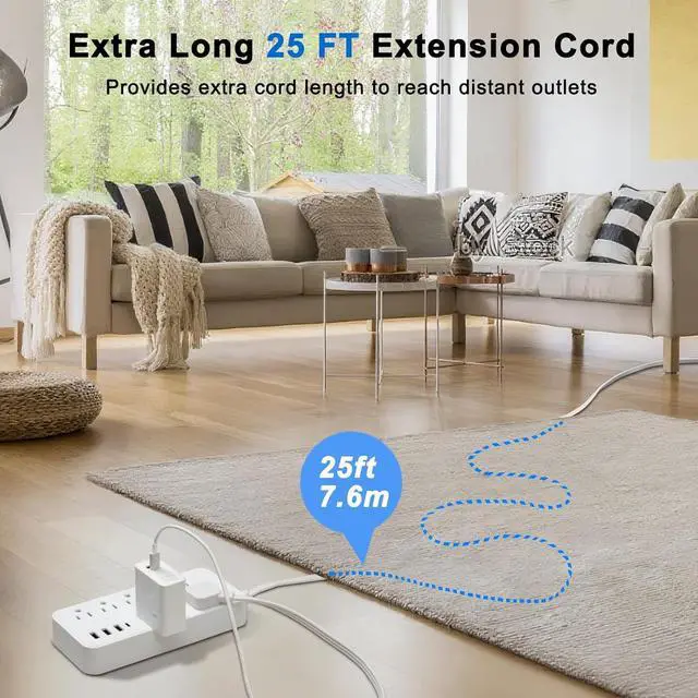 Alt view image 3 of 7 - Flat Extension Cord 25 ft, Extra Long Cord Surge Protector Power Bar with 8 Outlets 4 USB Ports, Under Carpet, Multiple Outlets Protection for Indoor, Home, Office, Dorm Room Essentials, White