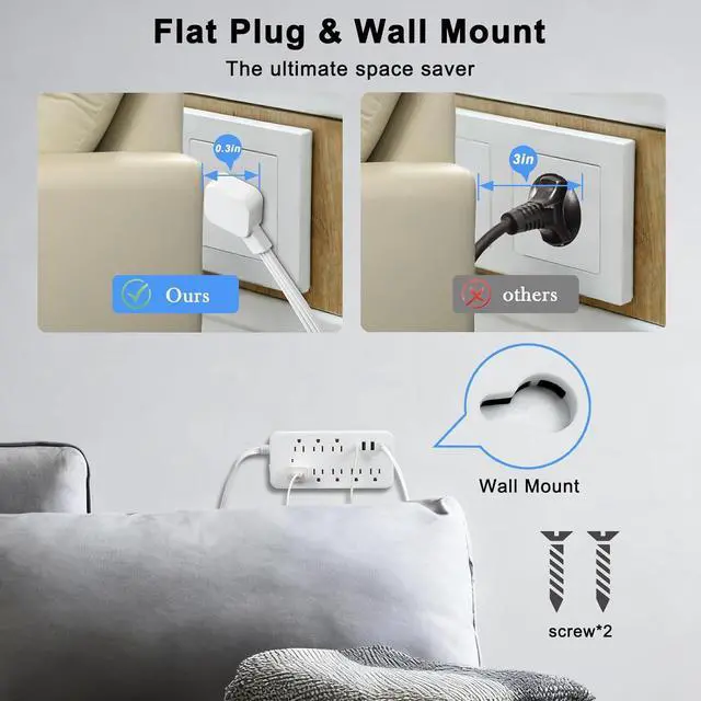 Alt view image 6 of 7 - Flat Extension Cord 25 ft, Extra Long Cord Surge Protector Power Bar with 8 Outlets 4 USB Ports, Under Carpet, Multiple Outlets Protection for Indoor, Home, Office, Dorm Room Essentials, White