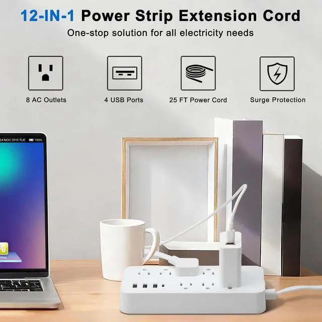 Alt view image 2 of 7 - Flat Extension Cord 25 ft, Extra Long Cord Surge Protector Power Bar with 8 Outlets 4 USB Ports, Under Carpet, Multiple Outlets Protection for Indoor, Home, Office, Dorm Room Essentials, White