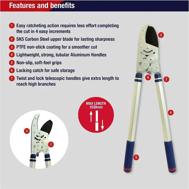 Alt view image 2 of 6 - Spear & Jackson 8290RS Razorsharp Heavy Duty Telescopic Ratchet Anvil Loppers, Extendable 40 1/2" Handles, Ideal for Cutting Thick Hard To Reach Branches, Powerful Ratcheting Mechanism