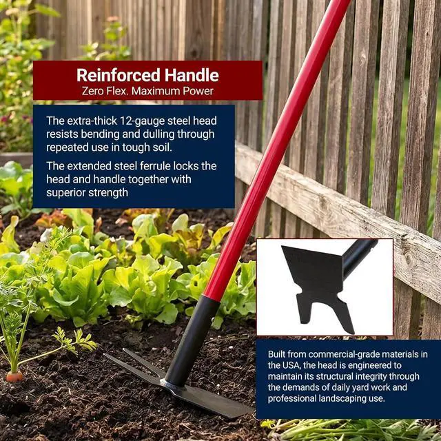 Alt view image 4 of 7 - Bully Tools 12-Gauge Two-Prong Weeding Hoe | Heavy Duty Garden Hoe for Weeding, Cultivation and Turning Soil | 58" Fiberglass Long Handle, Garden Tools 100% Made in USA