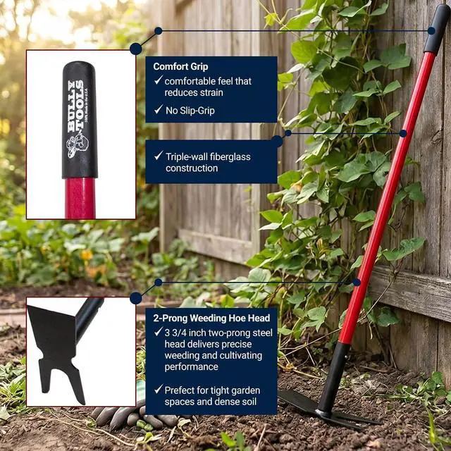 Alt view image 3 of 7 - Bully Tools 12-Gauge Two-Prong Weeding Hoe | Heavy Duty Garden Hoe for Weeding, Cultivation and Turning Soil | 58" Fiberglass Long Handle, Garden Tools 100% Made in USA