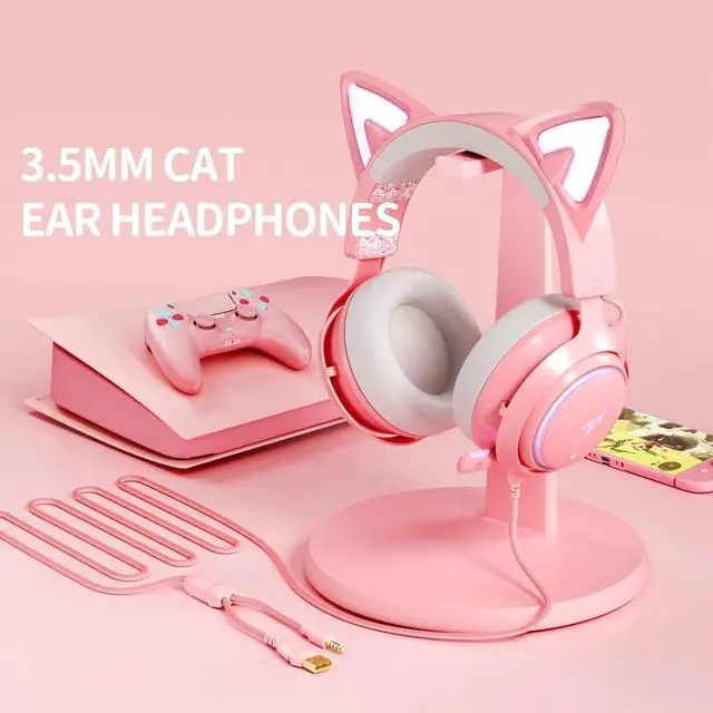 Alt view image 7 of 7 - SOMIC GS510 Gaming Headset, Cat Ear Headset PC Gaming Headphones with Retractable Mic Noise Cancelling, Stereo Sound, DIY Face Covers for PC, PS4, PS5,Xbox One(Only White LED Light)-Pink
